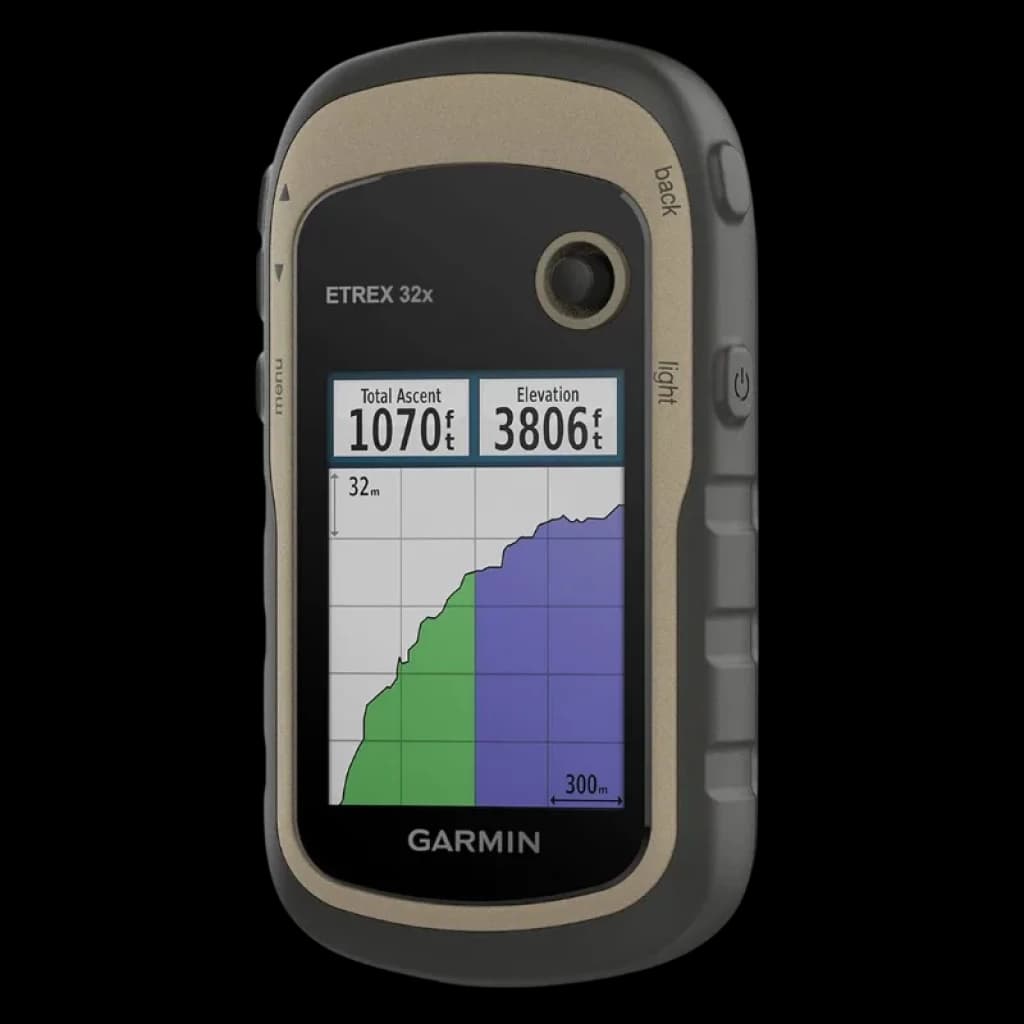 Garmin Etrex 32x com ecrã a cores, gráficos de elevação, botões laterais texturizados, rebordo bege e caixa robusta preta com bússola e altímetro