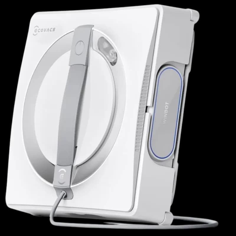 Robot limpiacristales cuadrado blanco con asas grises, cable de alimentación y bordes redondeados; módulo lateral WINBOT y diseño compacto para ventanas