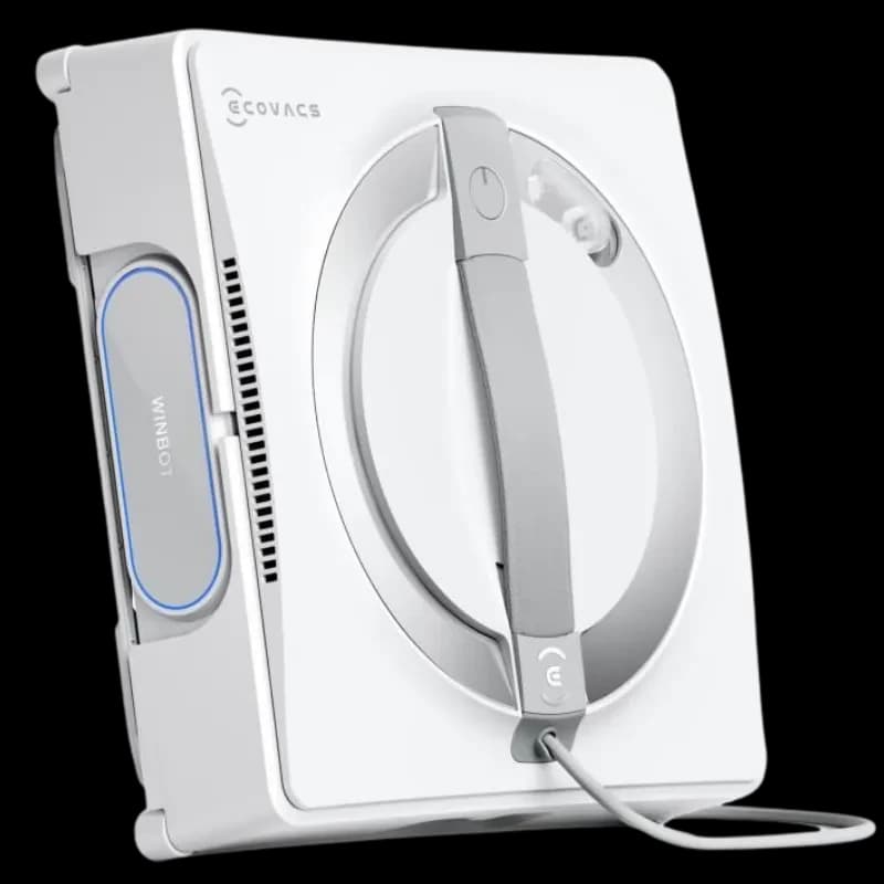 Robot limpiacristales blanco con asa central gris, cable de seguridad y bordes redondeados; marca Ecovacs WINBOT visible en lateral con detalle azul