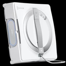 Robot limpiacristales blanco con asa central gris, cable de seguridad y bordes redondeados; marca Ecovacs WINBOT visible en lateral con detalle azul