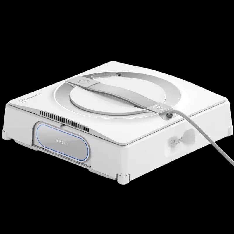 Robot limpiacristales blanco cuadrado con bordes redondeados, cable de seguridad, panel central circular y luz LED frontal WINBOT, diseño compacto y moderno