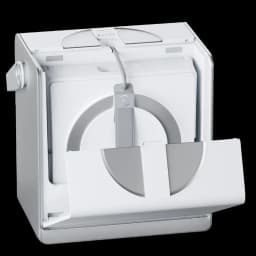 Estación base blanca del Ecovacs WINBOT W2 PRO OMNI con tapa abatible, carrete de cable integrado y diseño compacto para almacenar el robot limpiacristales