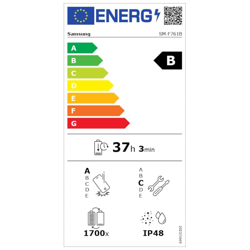 Étiquette énergie Samsung SM-F761B classe B, autonomie 37 h 3 min, résistance IP48, 1700 recharges, icônes éclaboussures et outils, code QR en haut