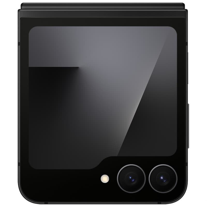 Samsung Galaxy Z Flip7 FE 5G noir plié, écran externe brillant bord à bord, deux capteurs photo alignés, finition lisse reconditionné excellent état