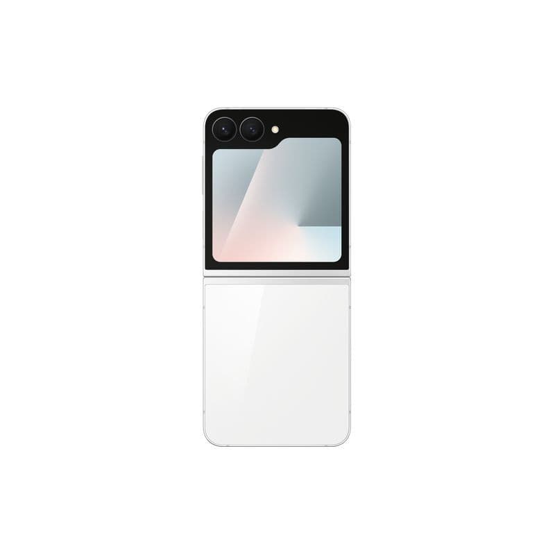 Samsung Galaxy Z Flip7 FE 5G blanc, format pliable à clapet, double appareil photo arrière, écran externe carré miroir, finition blanche brillante