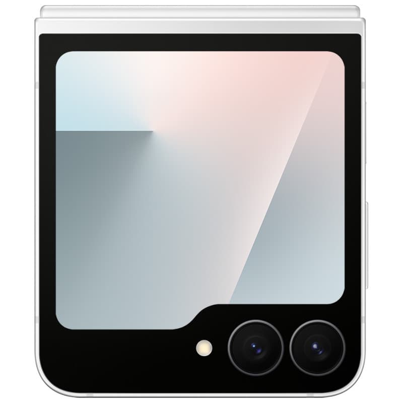 Samsung Galaxy Z Flip7 FE 5G blanc plié, écran externe carré bord noir, double appareil photo arrière aligné horizontalement avec flash intégré