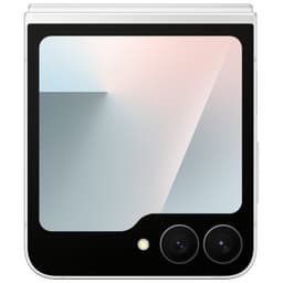 Samsung Galaxy Z Flip7 FE 5G blanc plié, écran externe carré avec bord noir, deux caméras arrière alignées horizontalement et flash circulaire en bas