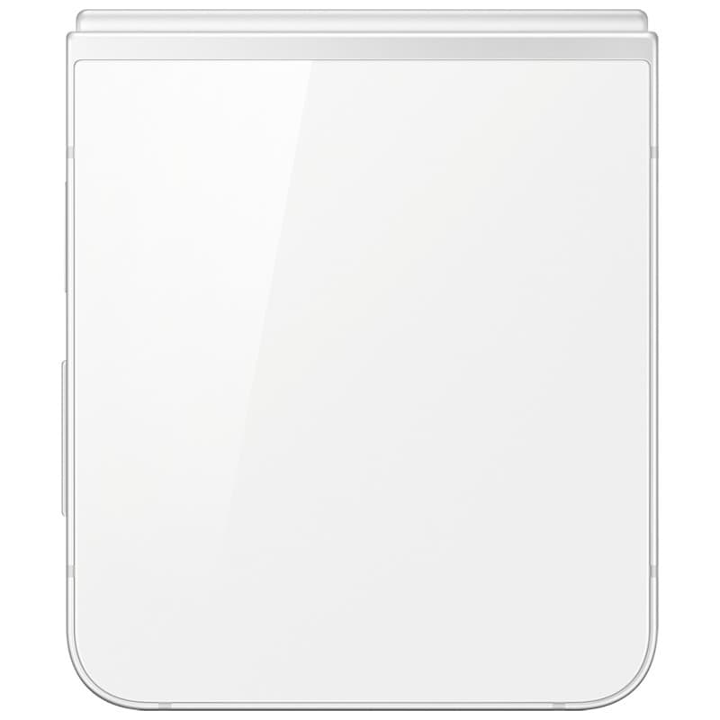 Samsung Galaxy Z Flip7 FE 5G 8Go 128Go Blanc plié vu de face, coque blanche brillante aux bords arrondis, format compact à charnière discrète