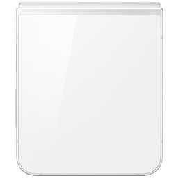 Samsung Galaxy Z Flip7 FE 5G 8Go 128Go Blanc plié vu de face, coque blanche brillante aux bords arrondis, format compact à charnière discrète