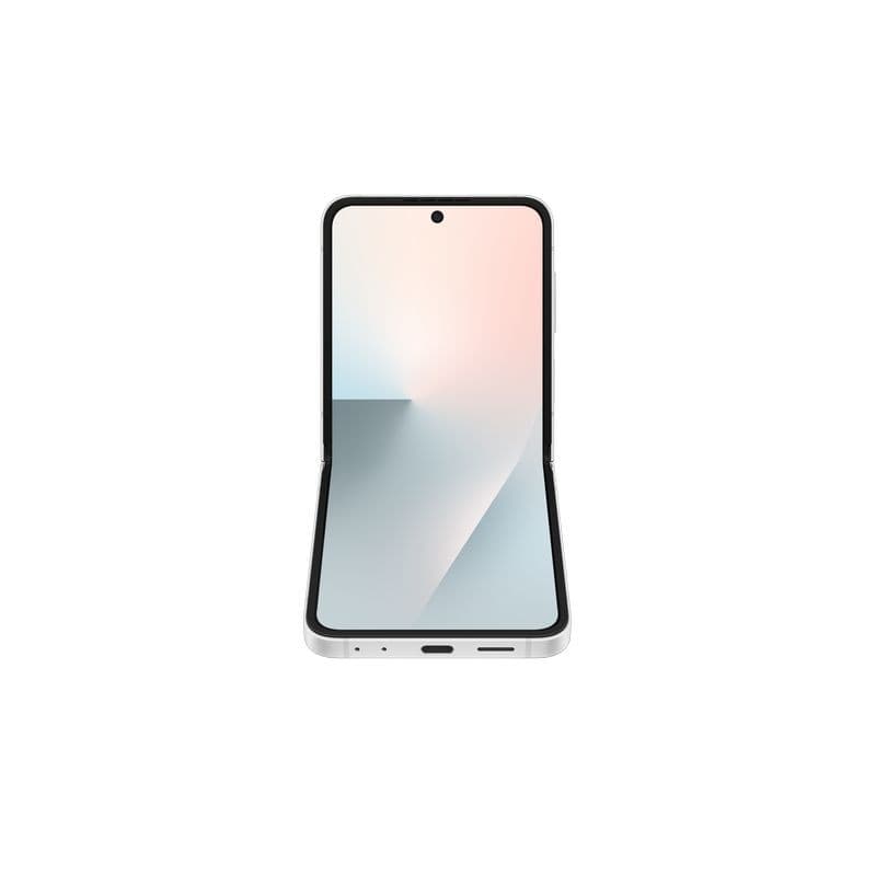 Samsung Galaxy Z Flip7 FE 5G blanc ouvert à 90°, grand écran pliable sans bord, caméra frontale centrée, bords métalliques et ports inférieurs visibles