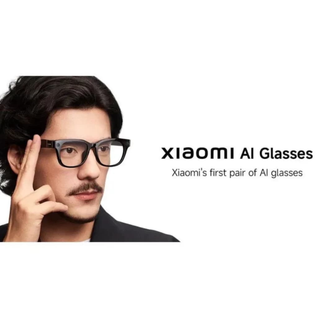 Xiaomi AI Glasses en negro con montura rectangular, patillas gruesas y diseño minimalista; lentes claras y marco robusto para uso diario y tecnología