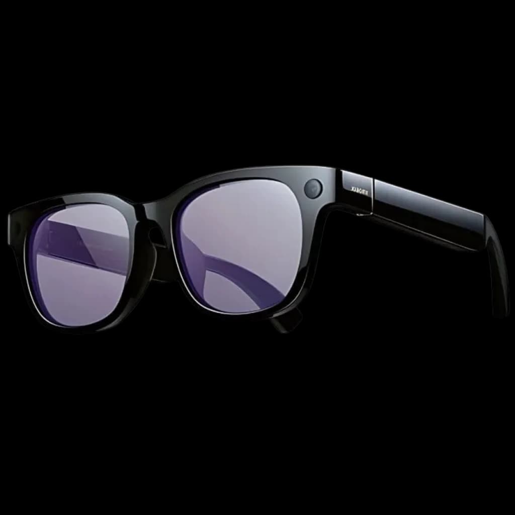 Xiaomi AI Glasses noires, monture épaisse, verres teintés violets, branche droite avec module circulaire et charnière métallique brillante