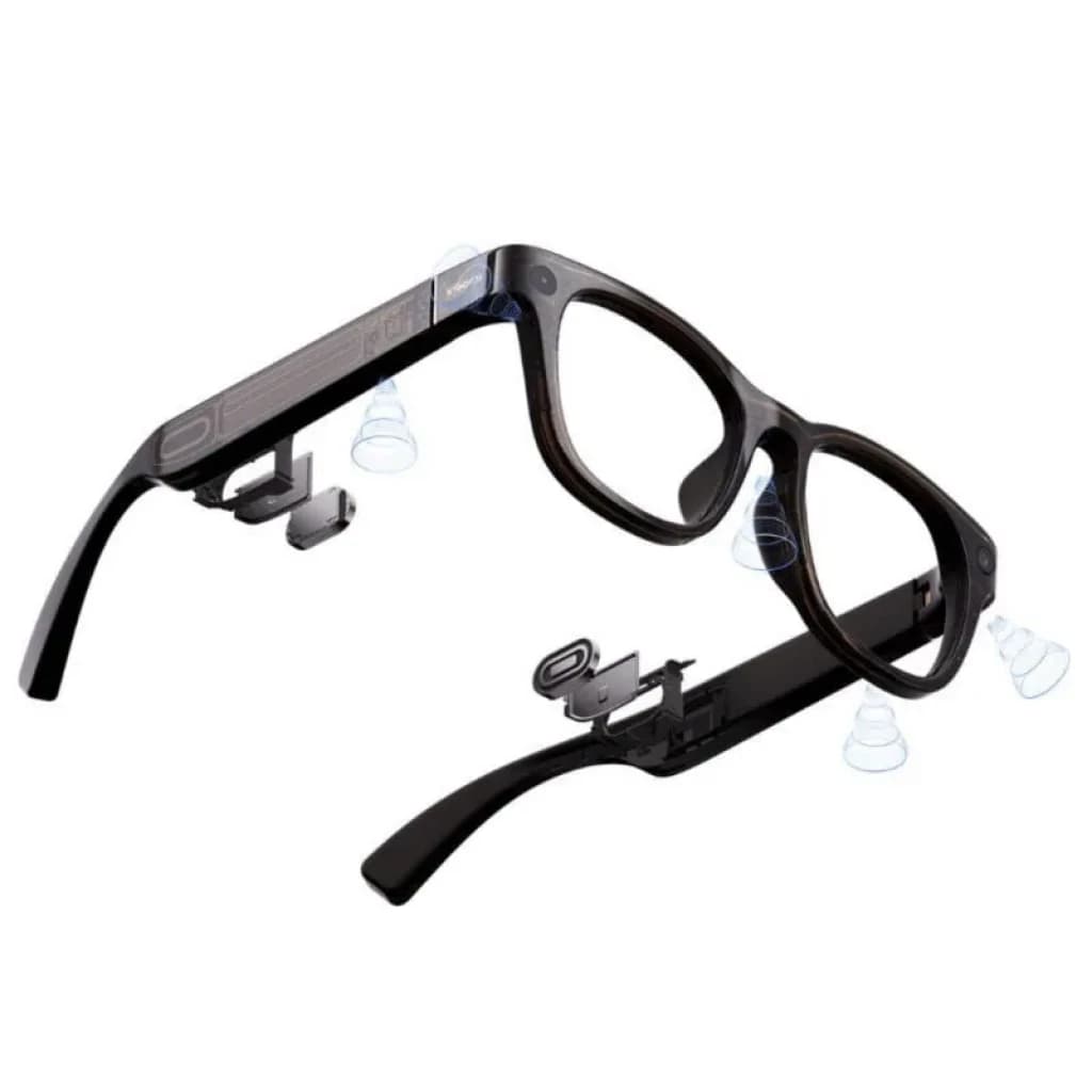 Xiaomi AI Glasses con montura negra, brazos desmontados mostrando módulos internos, altavoces integrados y componentes electrónicos compactos