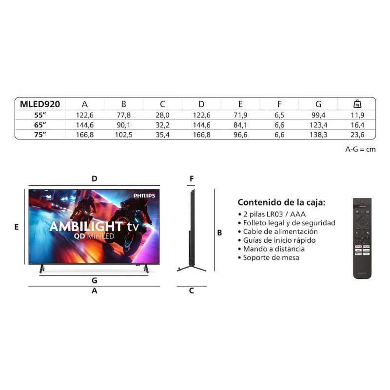 Philips 55MLED920 55" 4K Ultra HD Mini LED Smart TV Ambilight Noir, dimensions de l'écran en cm