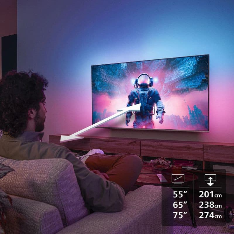 Philips 55MLED920 55" 4K Ultra HD Mini LED Smart TV Ambilight Noir, image réelle de la distance idéale pour regarder ce téléviseur
