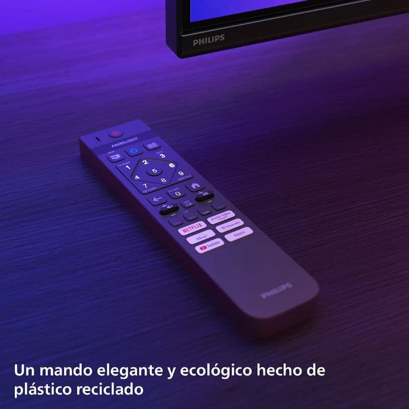 Philips 55MLED920 55" 4K Ultra HD Mini LED Smart TV Ambilight Noir, image réelle de la télécommande sur une table