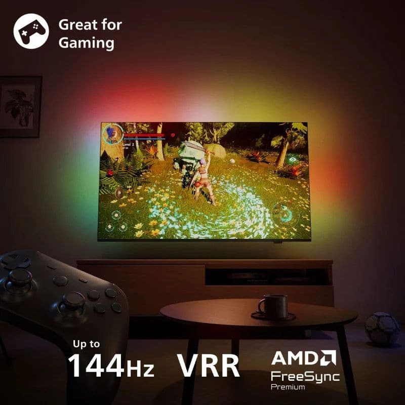 Philips 65MLED920 65" 4K UHD Mini LED avec Ambilight: dalle QD Mini LED, bords fins, pied élégant, télécommande incluse, couleurs vives et contraste