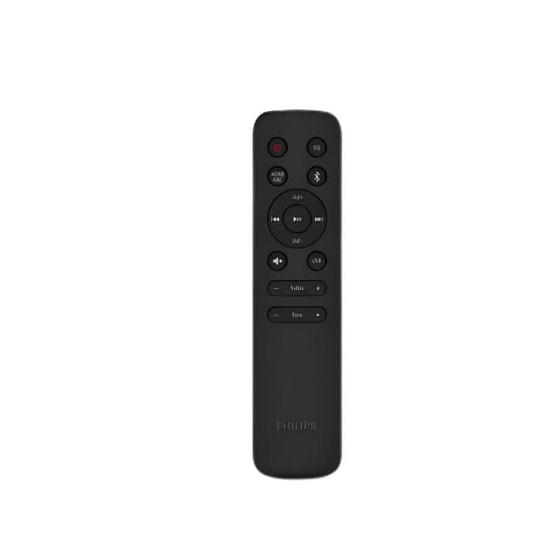 Télécommande noire Philips Tab4000 10 2.0 60 W, compacte avec boutons ronds, touches volume, lecture, modes EQ et logo Philips en bas