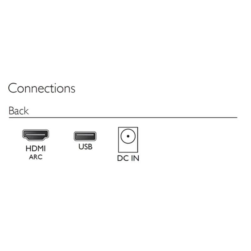 Connectique arrière: port HDMI ARC, port USB et entrée d’alimentation DC IN pour la Philips Tab4000 10 2.0 60 W Noir - Barre de son