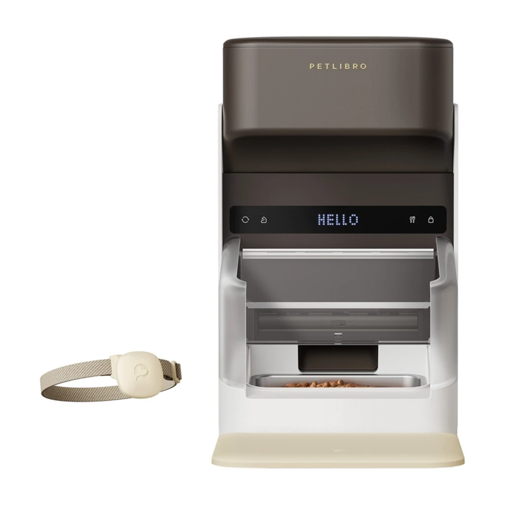 Comedouro automático 3L com tela LED Hello, bandeja deslizante, reservatório transparente, base bege, corpo cinza e marrom, inclui coleira RFID e app móvel - Item1