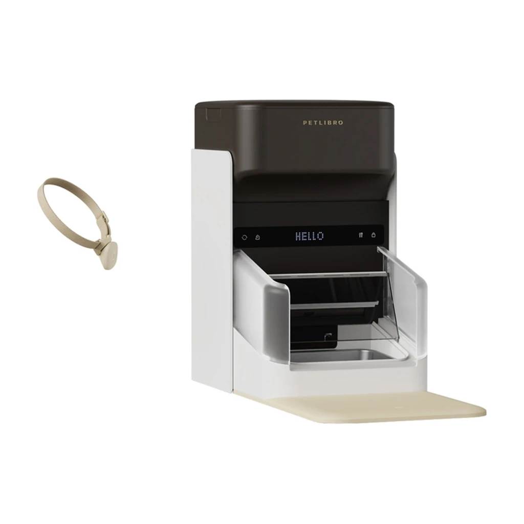 Comedouro automático 3L com tela LED Hello, bandeja deslizante, reservatório transparente, base bege, corpo cinza e marrom, inclui coleira RFID e app móvel - Item2