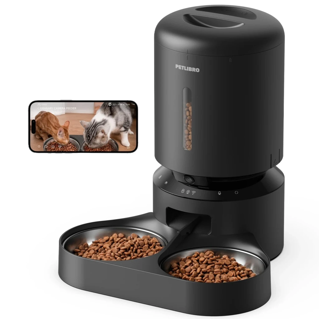 Comedouro automático cinza com reservatório transparente, visor LED e câmera, dupla taça inox removível, dosagem precisa de ração para pets - Item2