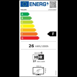 Étiquette énergie écran PC Philips 27E1N1800A/00 27 pouces 4K UHD IPS classe F 26 kWh/1000h HDR résolution 3840x2160 diagonale 69 cm icônes claires