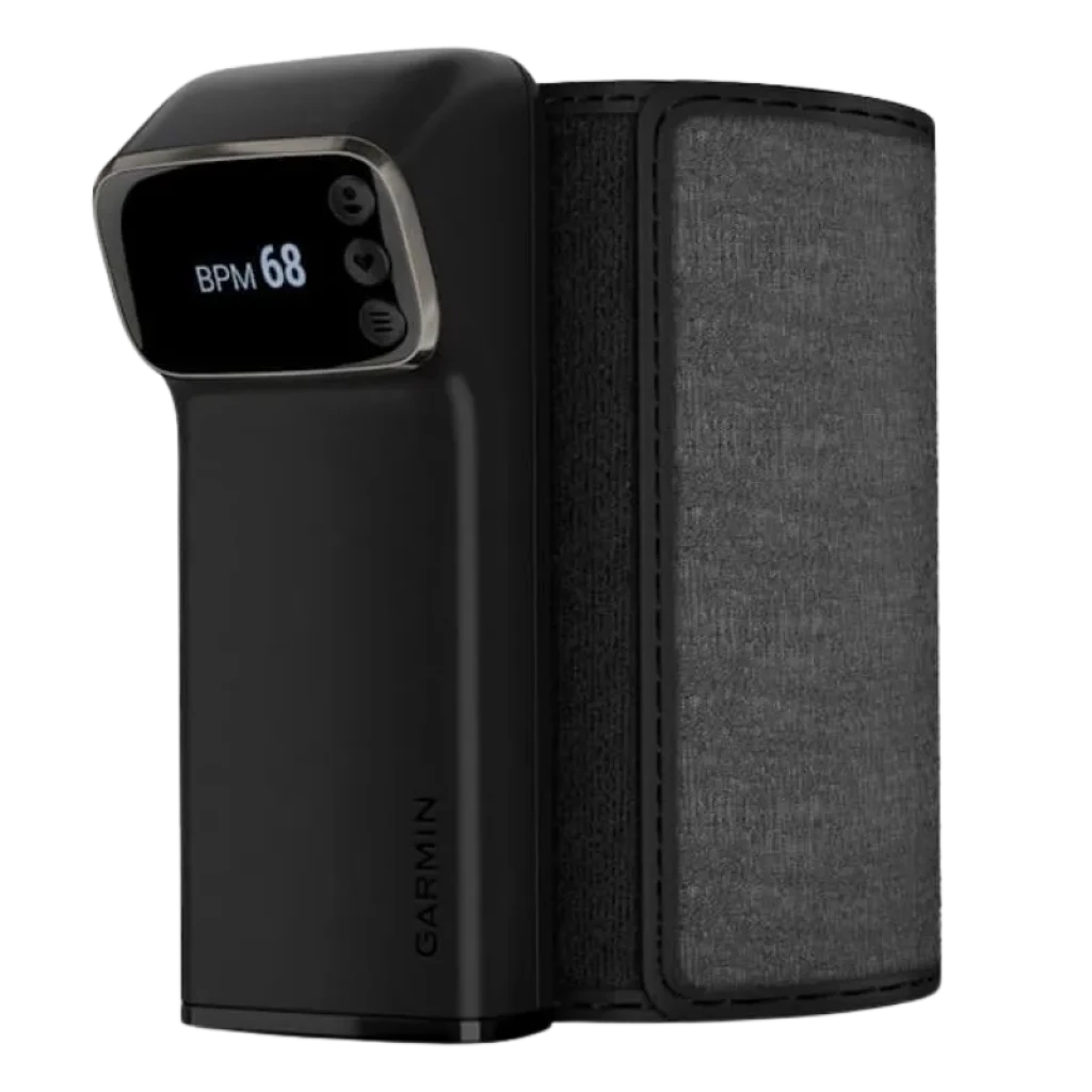 Garmin Index BPM - Tensiómetro inteligente em preto com ecrã OLED que mostra SYS e DIA, ícone WiFi, botões laterais e design vertical compacto - Item1