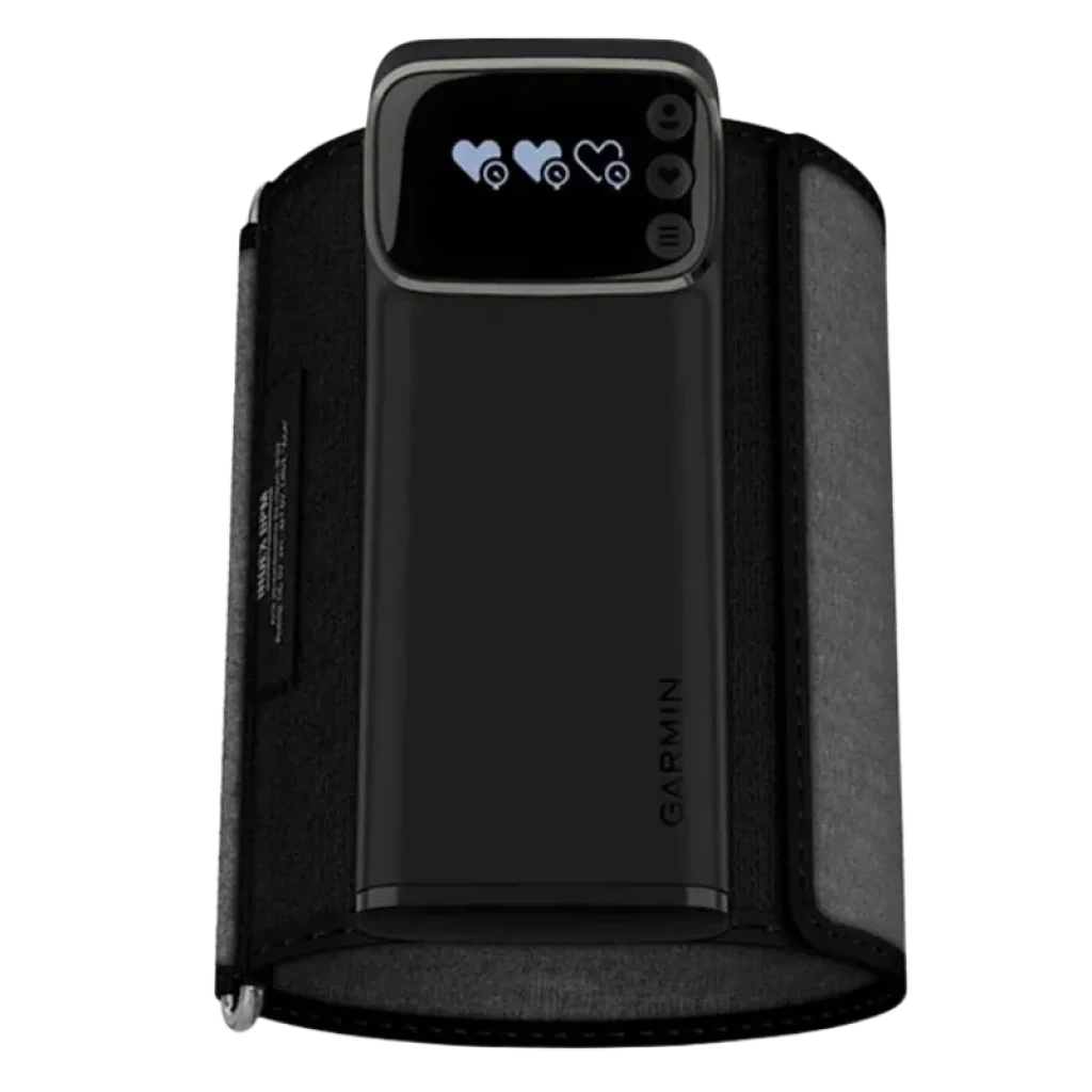 Garmin Index BPM - Tensiómetro inteligente em preto com ecrã OLED que mostra SYS e DIA, ícone WiFi, botões laterais e design vertical compacto - Item2