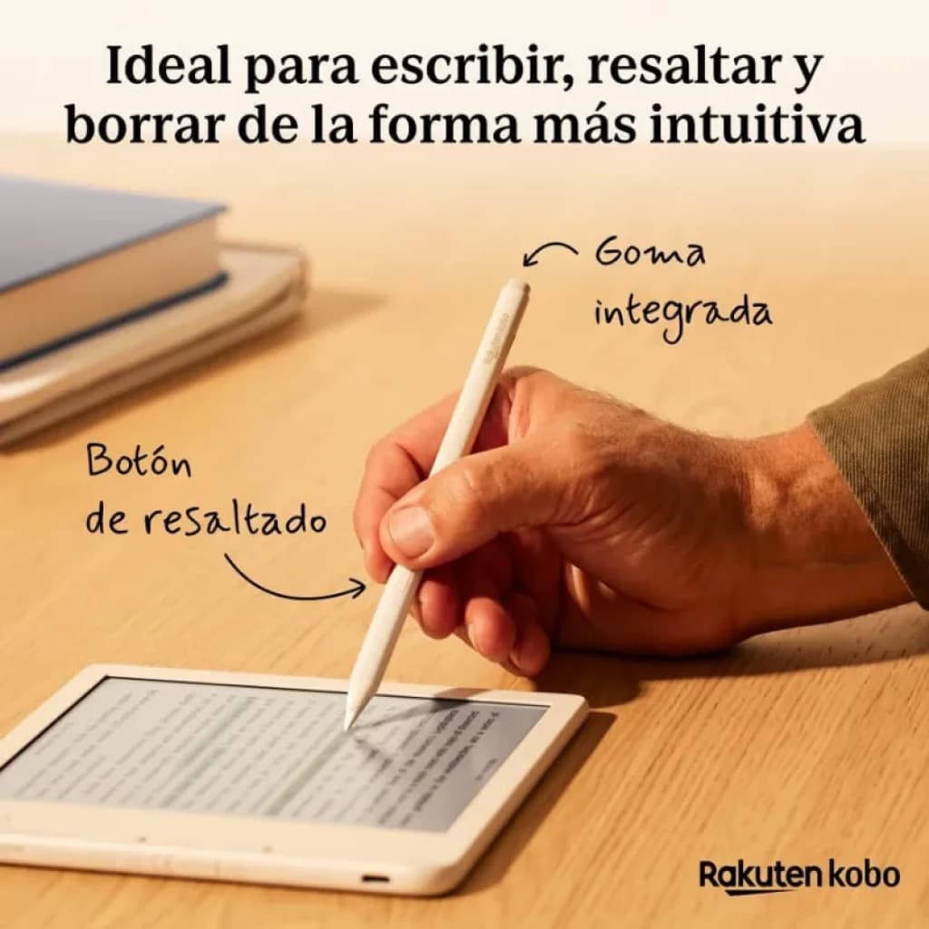 Rakuten Kobo Stylus 2 Blanco con punta fina, goma integrada y botón de resaltado, compatible con eBooks y carga USB-C para anotaciones precisas