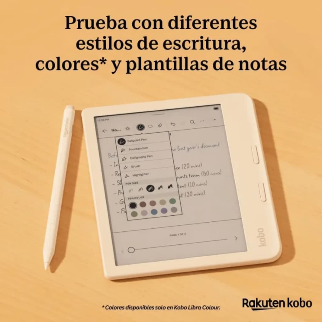 Rakuten Kobo Stylus 2 Blanco con punta fina junto a eReader; selección de colores y estilos de escritura en pantalla, diseño minimalista y carga USB-C