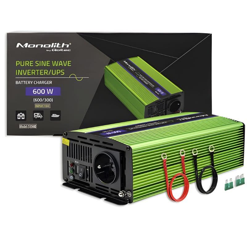 Qoltec Monolith 600 W, Verde – inversor UPS onda senoidal pura, corpo verde com aletas, tomada frontal, interruptor, cabos vermelho e preto e fusíveis extras