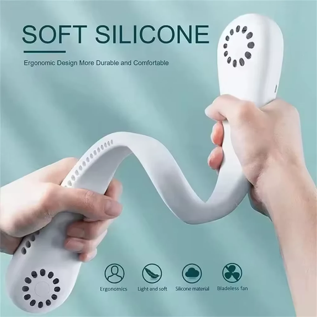 Ventilador de cuello blanco con diseño ergonómico, rejillas laterales, ventiladores duales, botón lateral y extremos acolchados; recargable USB 3000 mAh, 5 - Ítem3