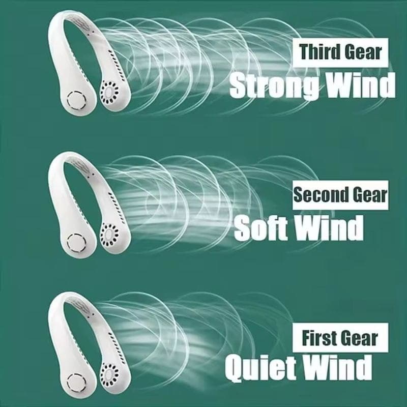 Ventilador de pescoço silencioso com 3 velocidades, 1800 mAh, recarregável por USB, imagem das 3 velocidades