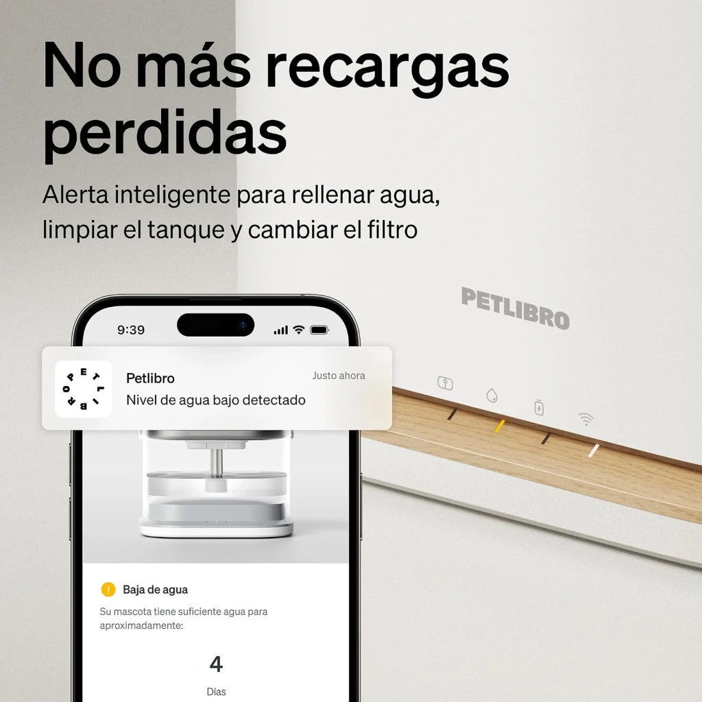 Fontaine Petlibro Dockstream 2.5L App Petlibro WiFi 2,5L blanche, jet en fleur, base bois clair, indicateurs tactiles, appli mobile affichée sur smartphone - Ítem3