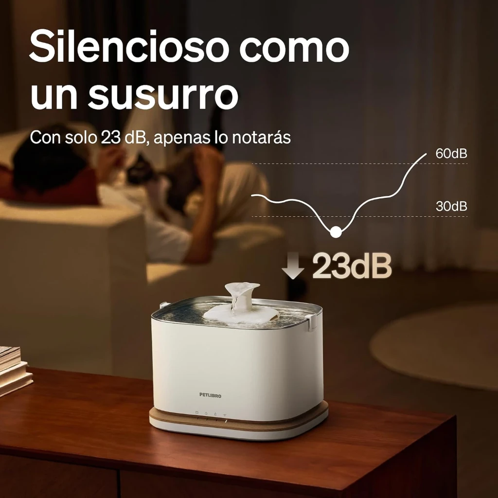 Fontaine Petlibro Dockstream 2.5L App Petlibro WiFi 2,5L blanche, jet en fleur, base bois clair, indicateurs tactiles, appli mobile affichée sur smartphone - Ítem4