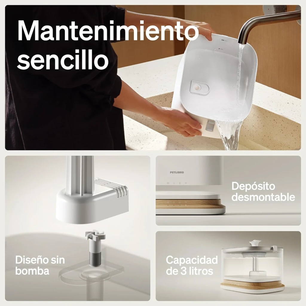 Fontaine Petlibro Dockstream 2.5L App Petlibro WiFi 2,5L blanche, jet en fleur, base bois clair, indicateurs tactiles, appli mobile affichée sur smartphone - Ítem7