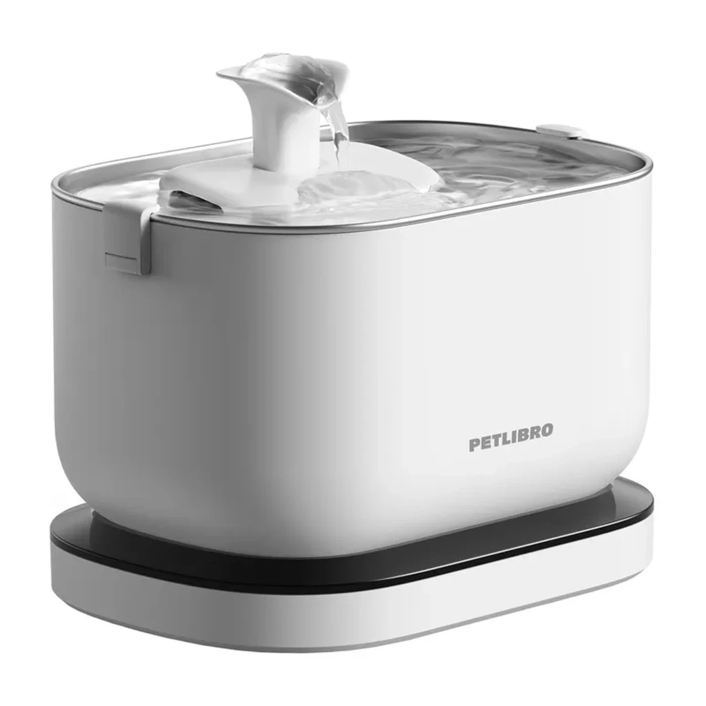 Fontaine Automatique Petlibro Dockstream 2,5L Contrôle par App Avec Pompe, réservoir blanc ovale, jet en forme de feuille, base noire antidérapante - Ítem1
