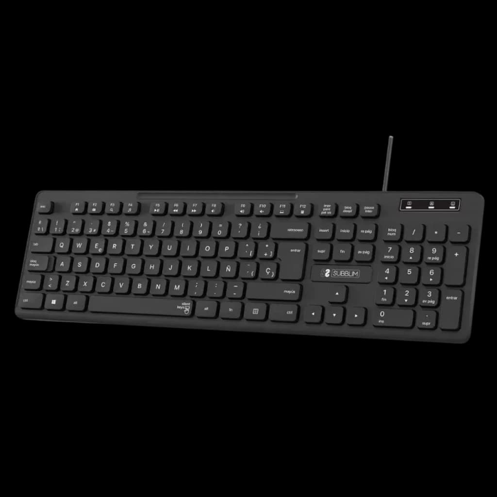 Clavier Subblim Business Slim Silencieux avec câble USB, design ultrafin noir, touches à membrane silencieuses, disposition complète avec pavé numérique