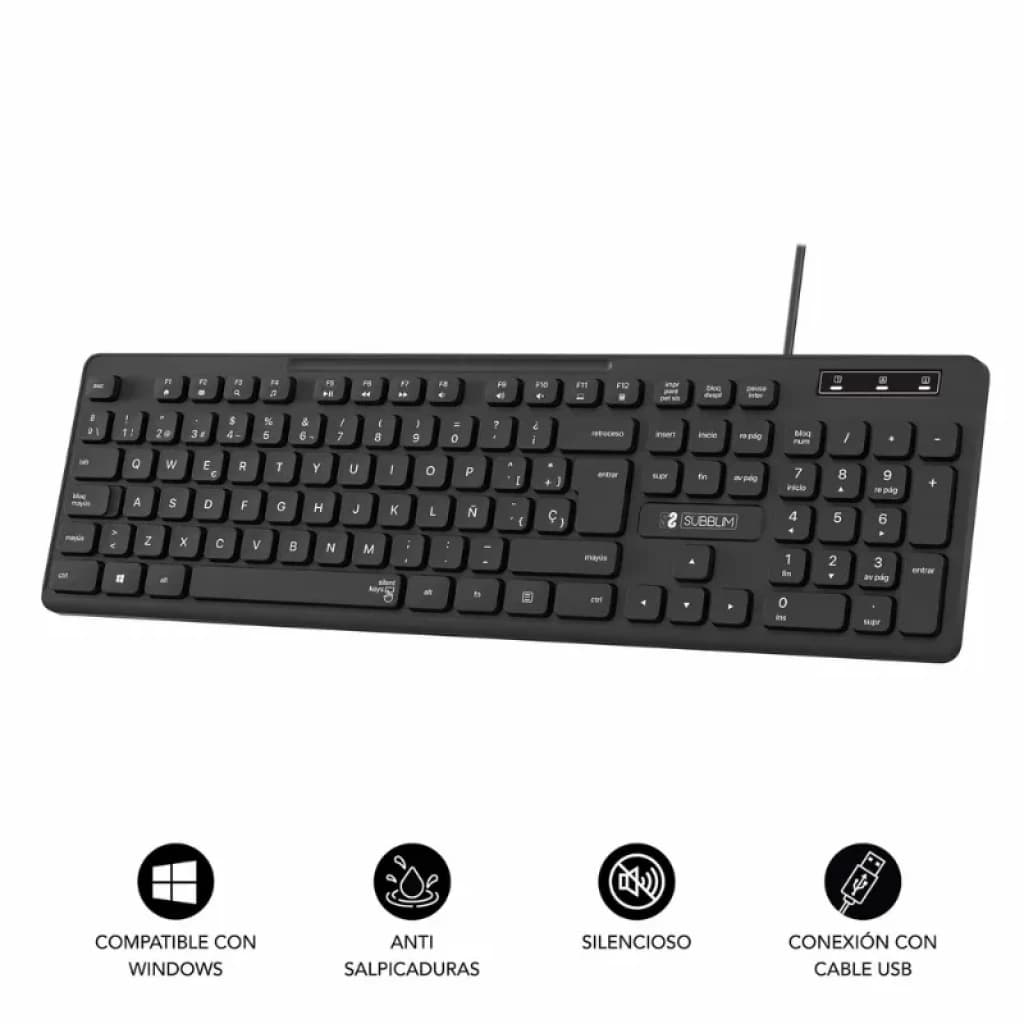 Subblim Business Slim Silencieux avec câble USB - Clavier à membrane noir, design fin, touches à profil bas, pavé numérique intégré et résistance aux éclaboussures
