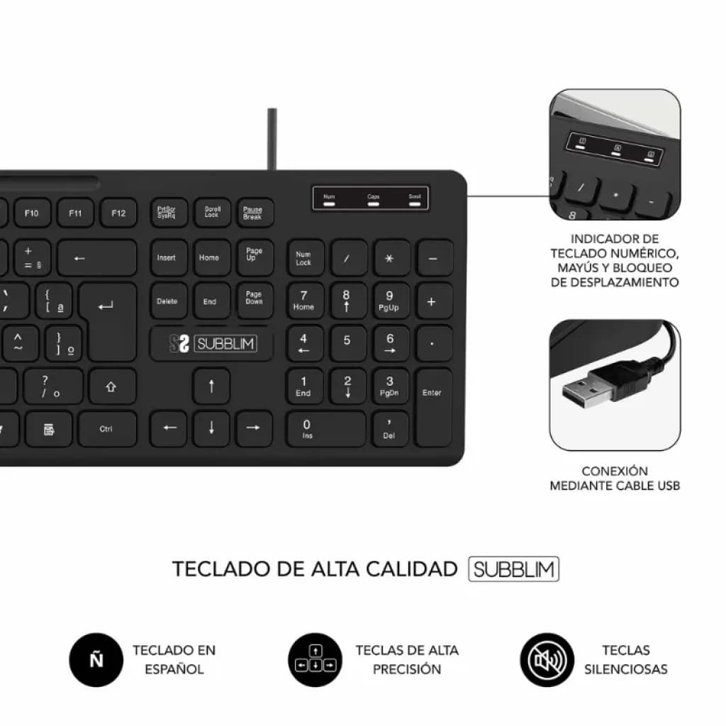 Subblim Business Slim Silencieux avec câble USB : clavier à membrane noir, profil bas, touches en espagnol, voyant LED et connexion USB, touches silencieuses