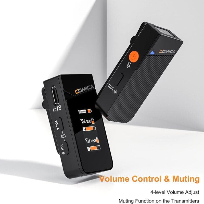 COMICA Vimo C2 Microfone Lavalier sem fio de 2 canais com controle e cancelamento de som, detalhes dos controles