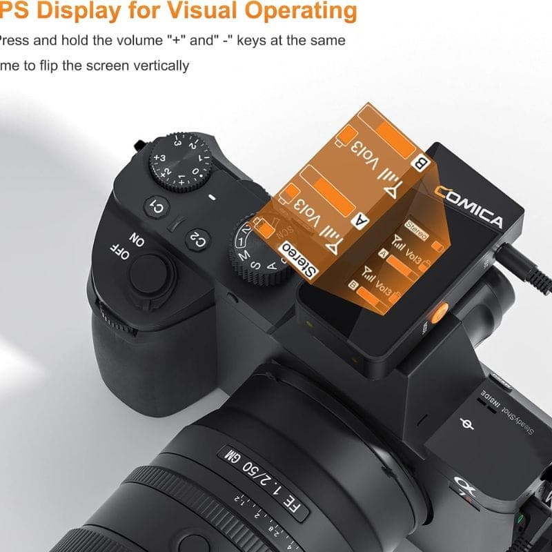 COMICA Vimo C2 Microfone Lavalier sem fio de 2 canais com controle e cancelamento de som, com ecrã