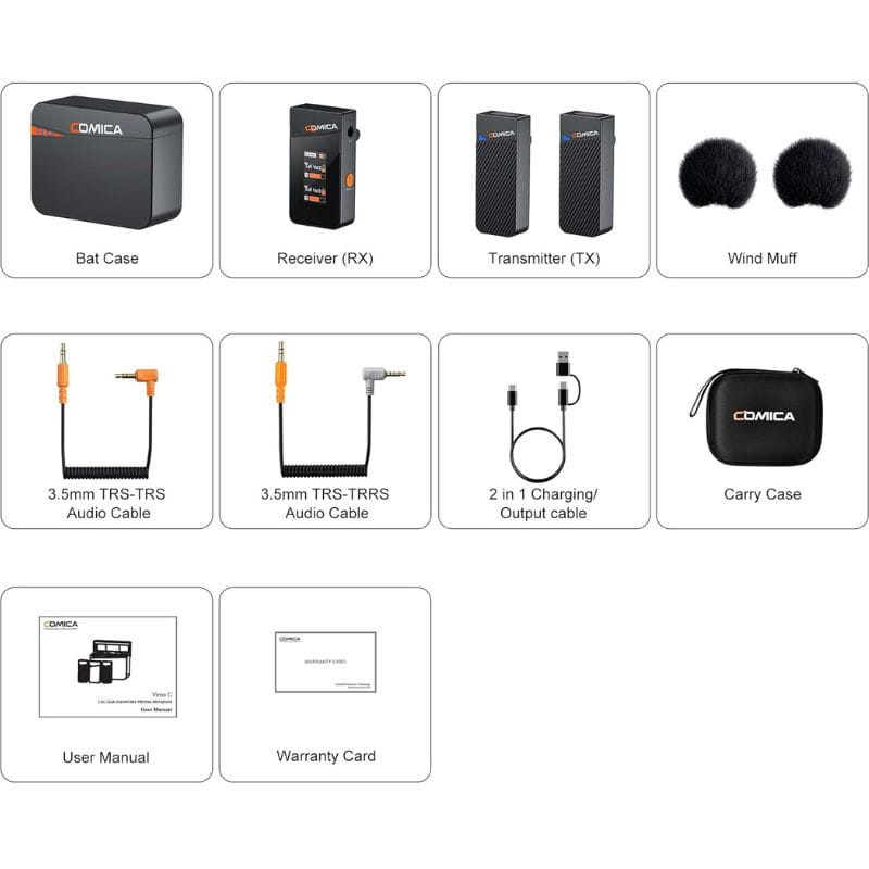 COMICA Vimo C3 Microfone Lavalier sem fio de 2 canais com controle e cancelamento de som - Item1