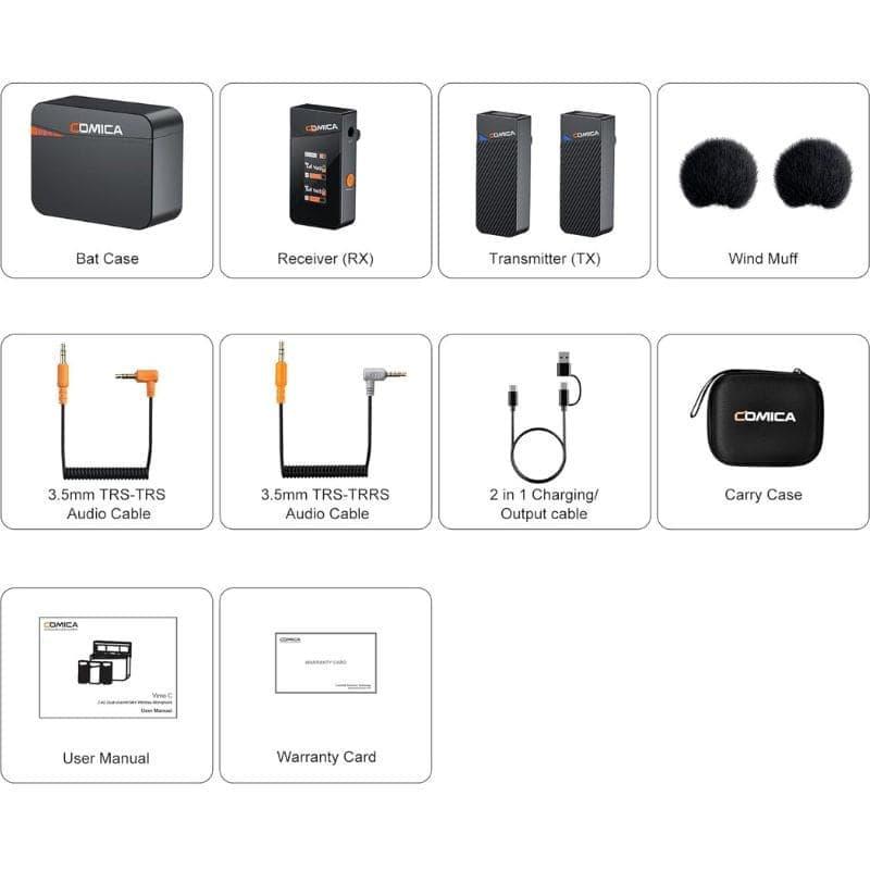 COMICA Vimo C3 Micrófono Lavalier Inalámbrico de 2 Canales con Control y Cancelación de Sonido, contenido del paquete