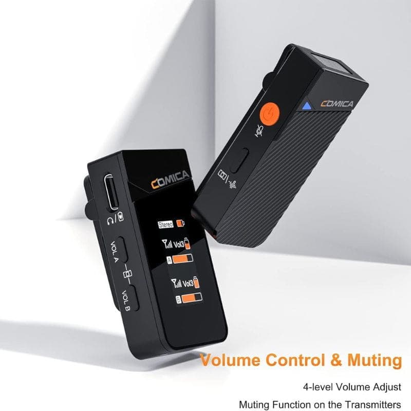 COMICA Vimo C3 Micrófono Lavalier Inalámbrico de 2 Canales con Control y Cancelación de Sonido, características de los controles