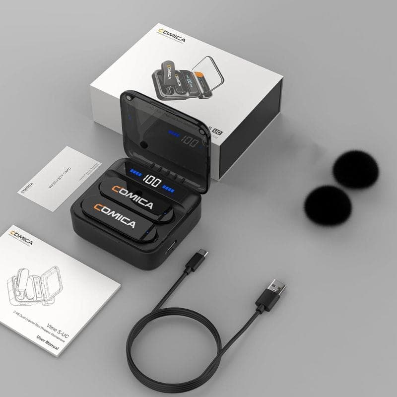COMICA Vimo S-UC Microphone Lavalier sans fil avec suppression du bruit (USB-C) Noir, contenu de l'emballage