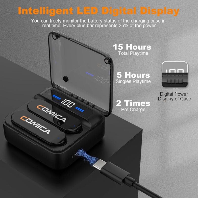 COMICA Vimo S-UC Microphone Lavalier sans fil avec suppression du bruit (USB-C) Noir, caractéristiques de la batterie