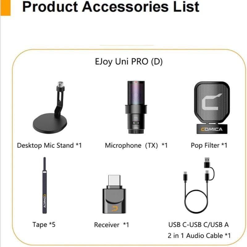 COMICA EJoy Uni Pro(D) Microphone sans fil à condensateur cardioïde RGB noir, contenu de l'emballage