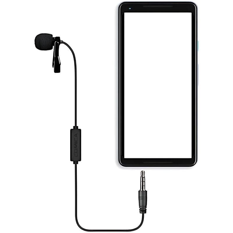 Microphone Lavalier COMICA pour smartphone TRRS 4,5 m, image avec un téléphone